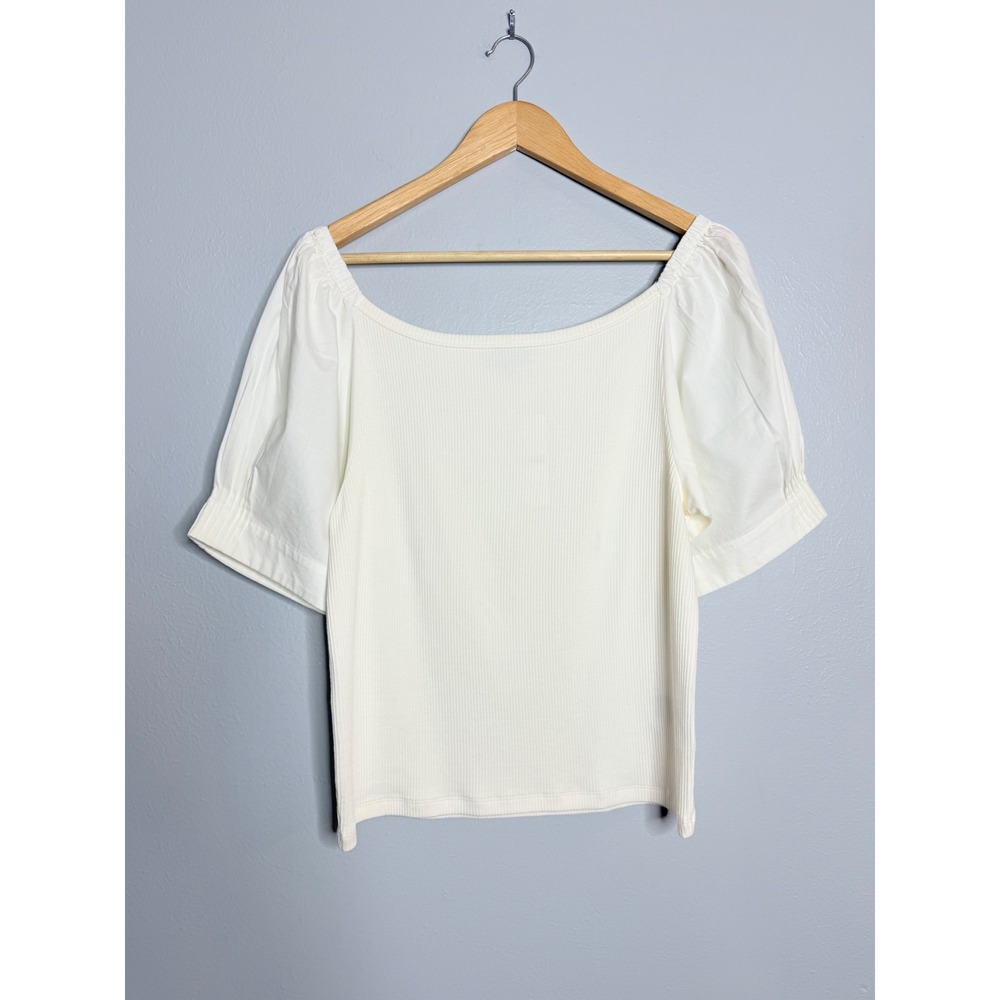 J.crew Vintage‎ rib top with cotton poplin puff sleeves XL Ivory - Picture 2 of 6